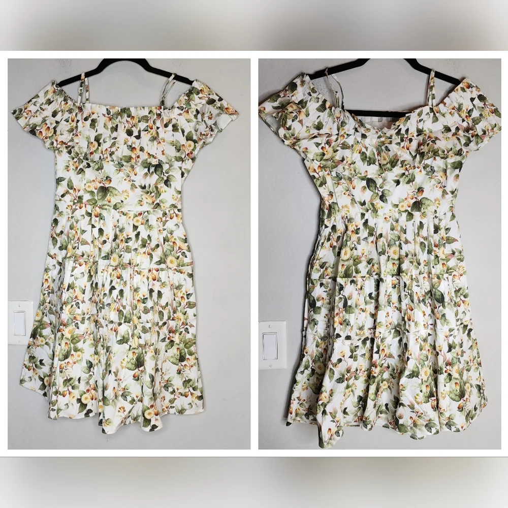 Floral Off-Shoulder Summer Dress in White and Green